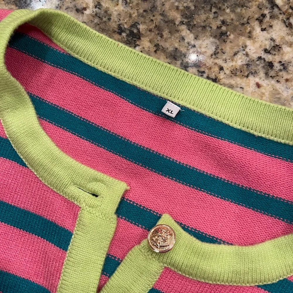 Striped Pink & Teal Crewneck Cardigan with Lime Trim - Picture 5 of 6